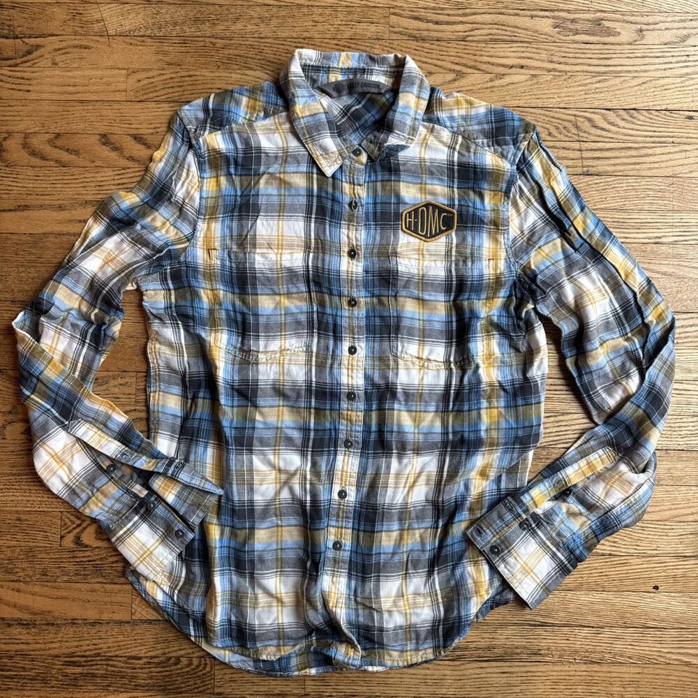 Harley-Davidson Flannel Shirt Women's Sz S Blue&Yellow Plaid Long Sleeve w/Patch